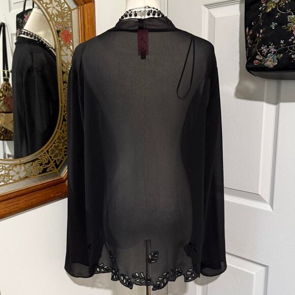 VTG Y2K G Studio Black Sheer Mesh Beaded Leaf Cut Out Long Sleeve Light Cardigan - Picture 4 of 7